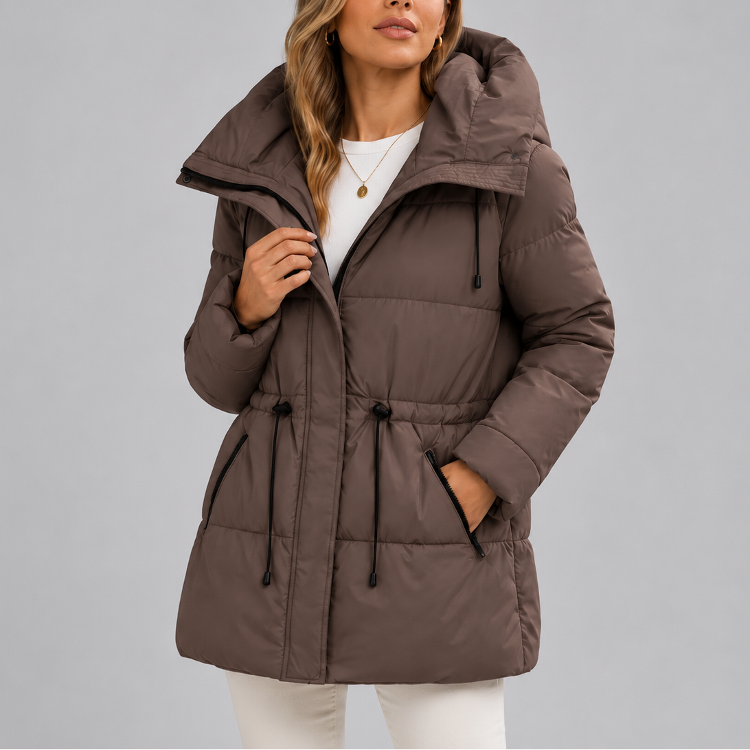 Women's Hooded Puffer Coat with Drawstring Waist and Zip Pockets