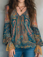 Mira™ | Bohemian Teal & Amber Paisley Chiffon Blouse With Ruffled Cuffs