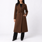 Women’s Long Belted Wool Winter Coat with Wide Lapels and Side Pockets