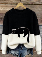 Women's Black Cat Print Oversized Fuzzy Knit Sweater