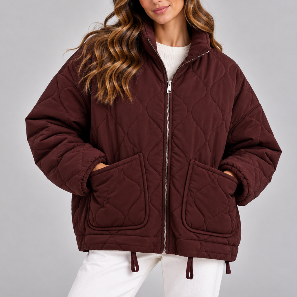 Women's Oversized Quilted Puffer Jacket – High Neck Zip Up Coat