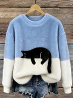 Women's Black Cat Print Oversized Fuzzy Knit Sweater