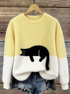 Women's Black Cat Print Oversized Fuzzy Knit Sweater