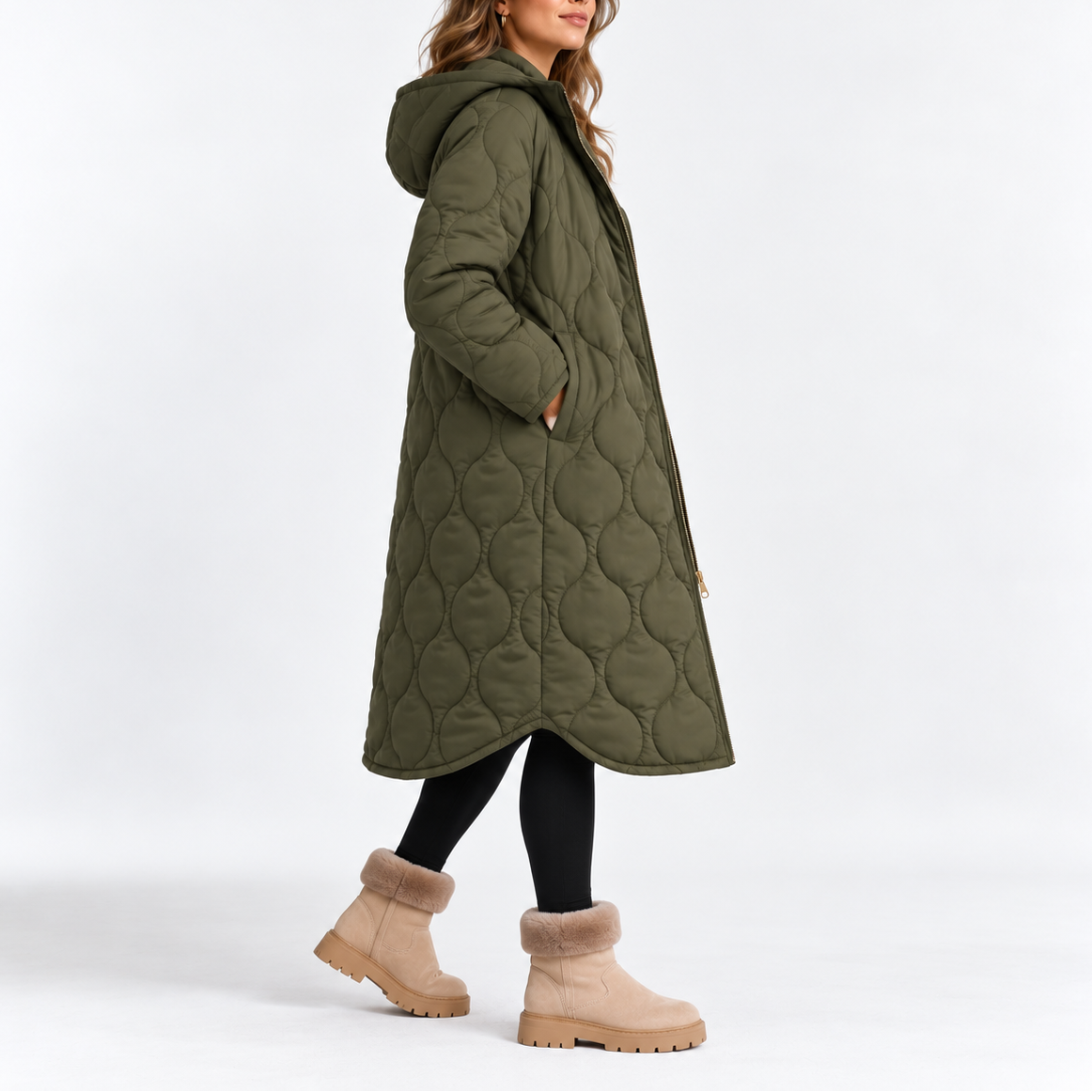Women's Long Quilted Hooded Winter Coat with Pockets