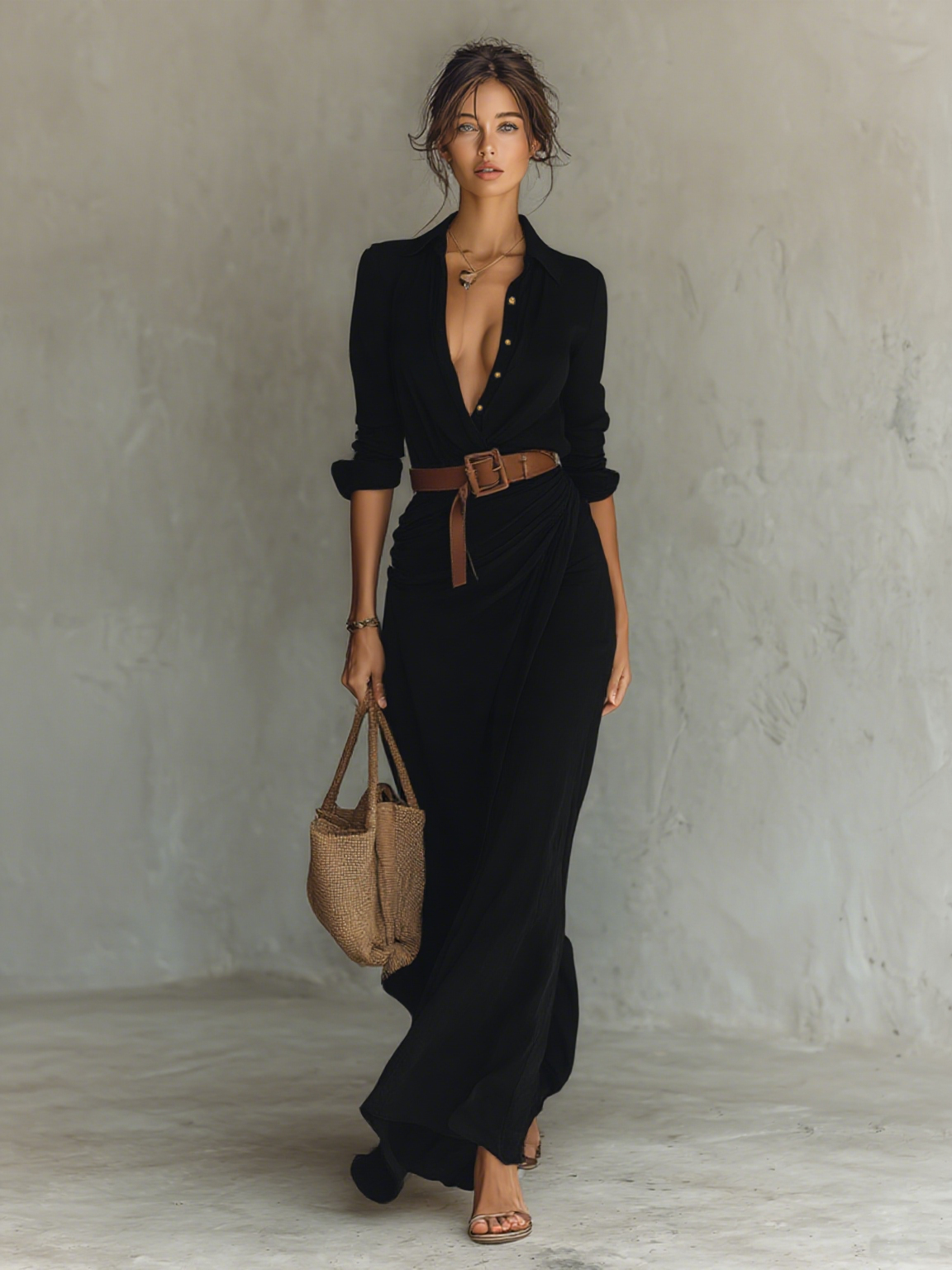 Lindsey - Long Maxi Dress with Notched Collar and Included Belt