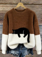 Women's Black Cat Print Oversized Fuzzy Knit Sweater