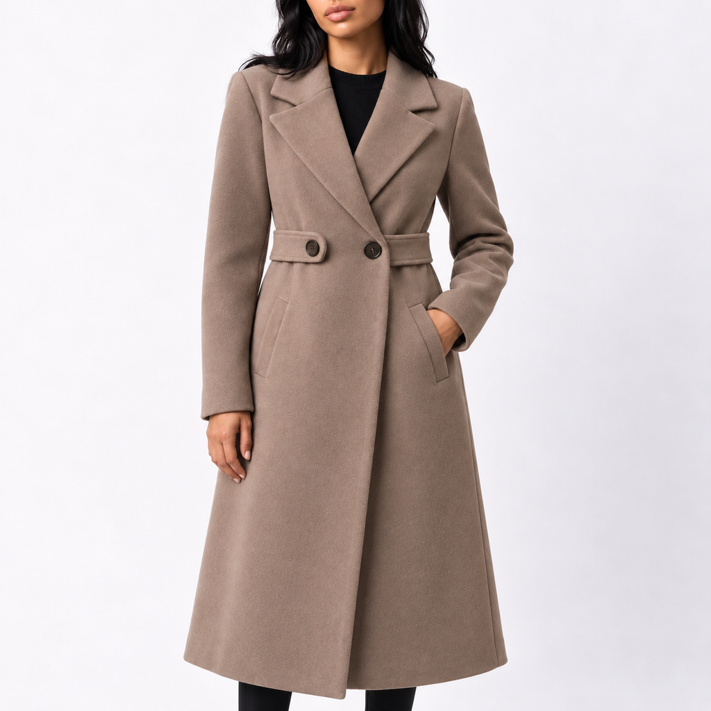 Women’s Long Belted Wool Winter Coat with Wide Lapels and Side Pockets