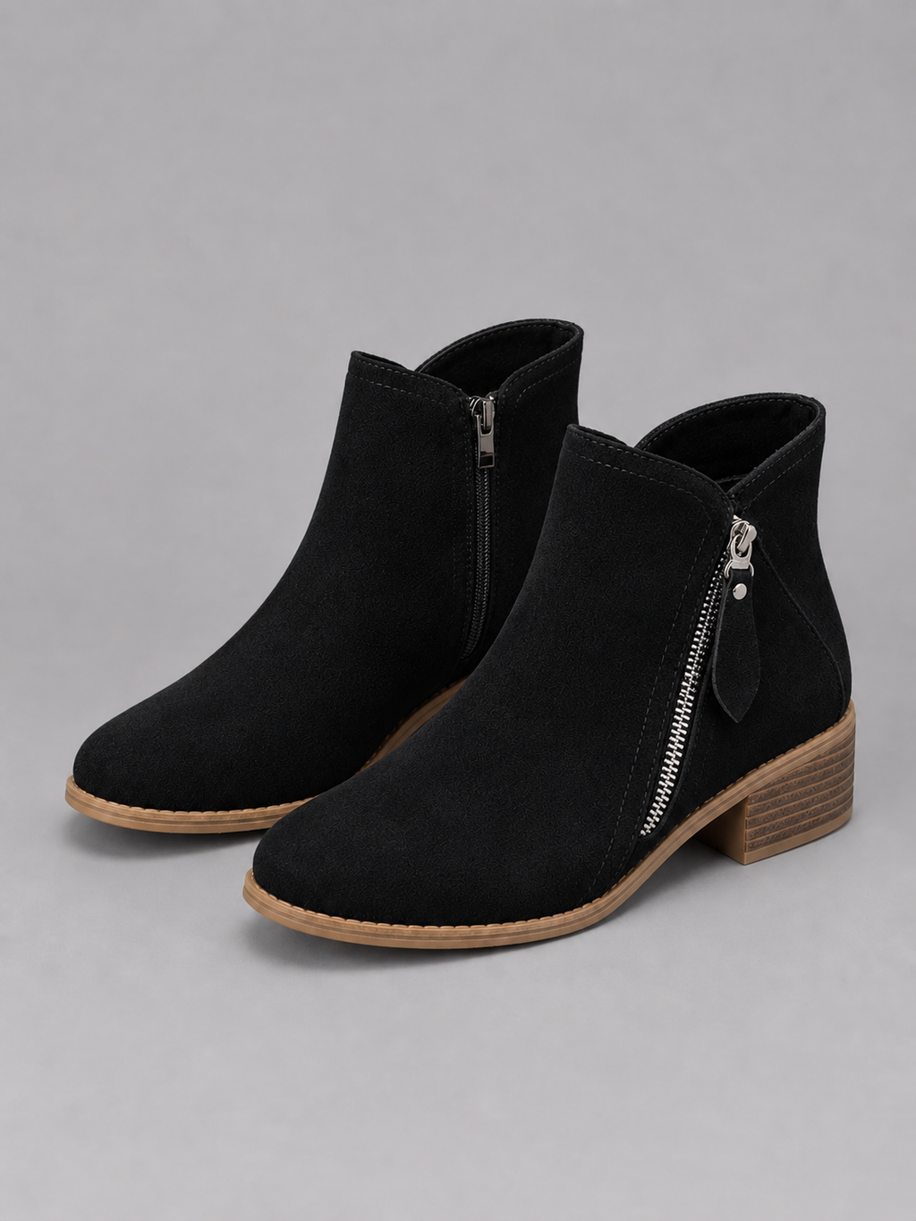 Women’s Suede Look Ankle Boots – Side Zip Low Block Heel Boots