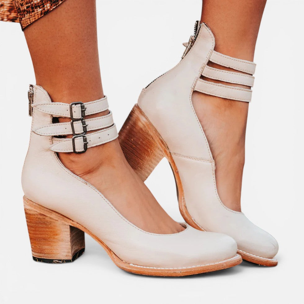 Women’s Cut Out Ankle Boots – Triple Buckle Block Heel Shoes
