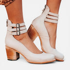 Women’s Cut Out Ankle Boots – Triple Buckle Block Heel Shoes