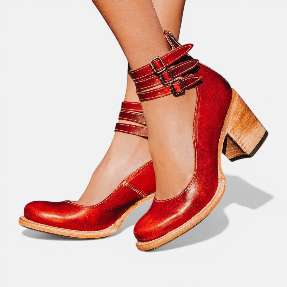 Women’s Cut Out Ankle Boots – Triple Buckle Block Heel Shoes