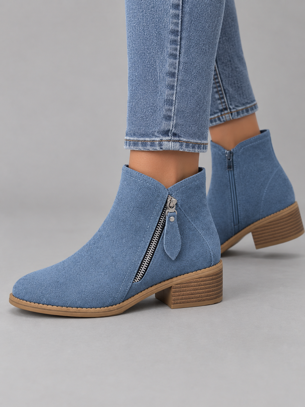 Women’s Suede Look Ankle Boots – Side Zip Low Block Heel Boots