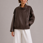 Women's High Collar Faux Leather Bomber Jacket