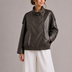 Women's High Collar Faux Leather Bomber Jacket