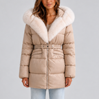 Women’s Hooded Puffer Coat with Faux Fur Trim and Belt