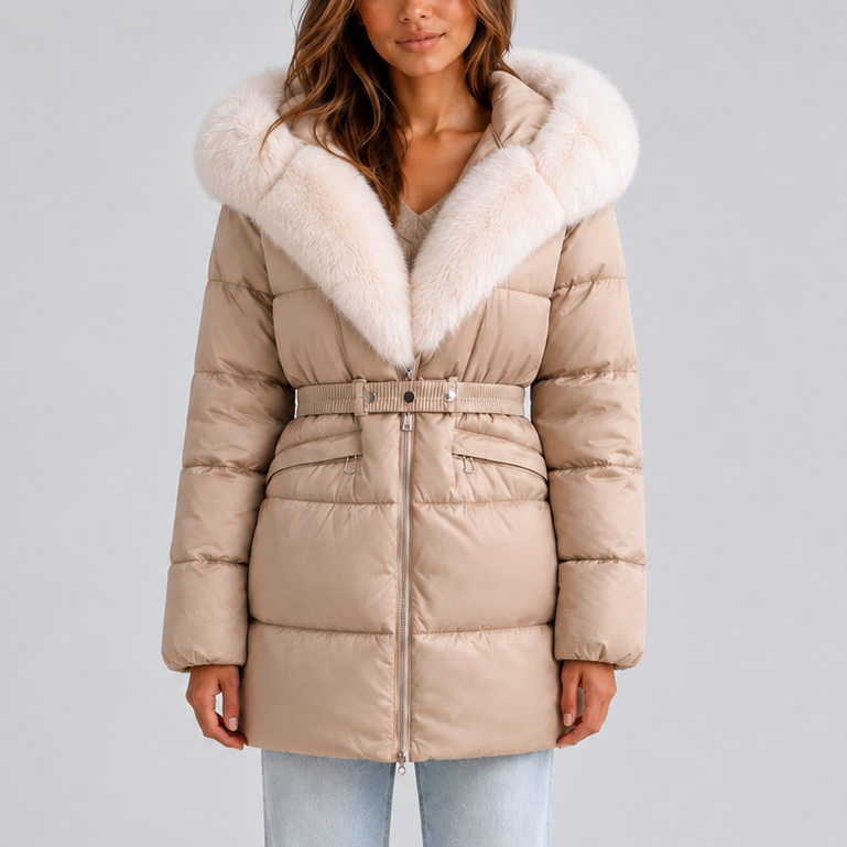 Women’s Hooded Puffer Coat with Faux Fur Trim and Belt