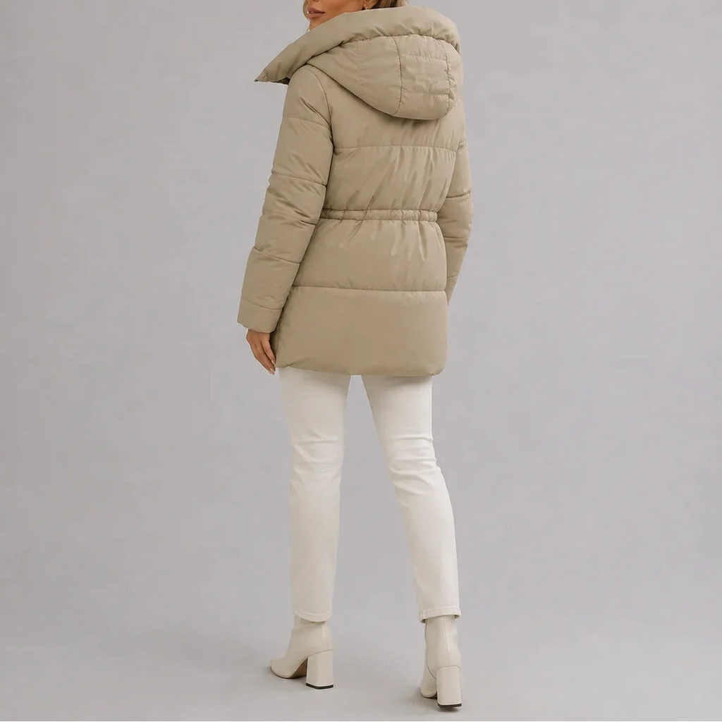 Women's Hooded Puffer Coat with Drawstring Waist and Zip Pockets