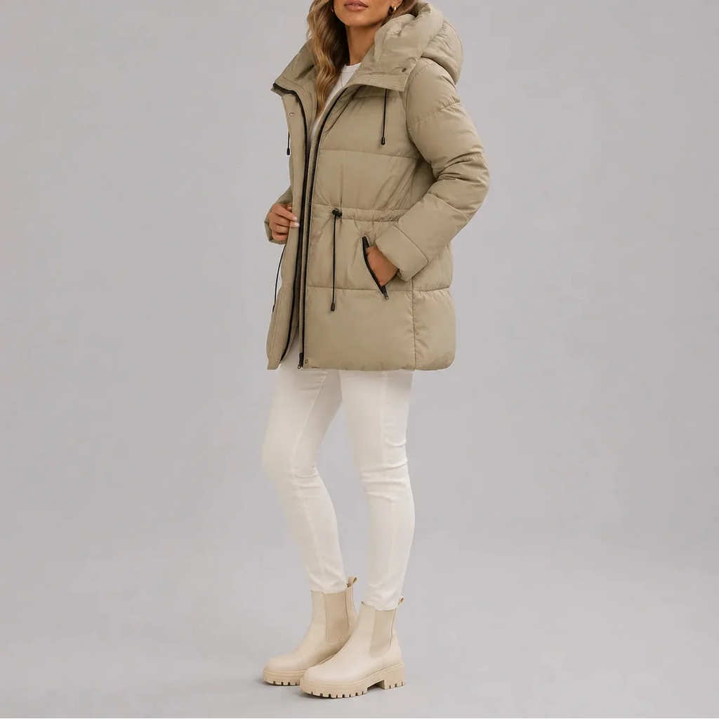 Women's Hooded Puffer Coat with Drawstring Waist and Zip Pockets