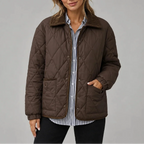 Women's Diamond Quilted Jacket with Corduroy Collar and Pockets