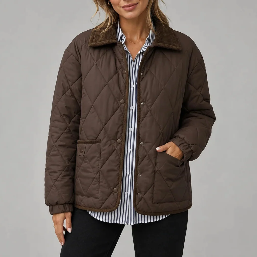 Women's Diamond Quilted Jacket with Corduroy Collar and Pockets