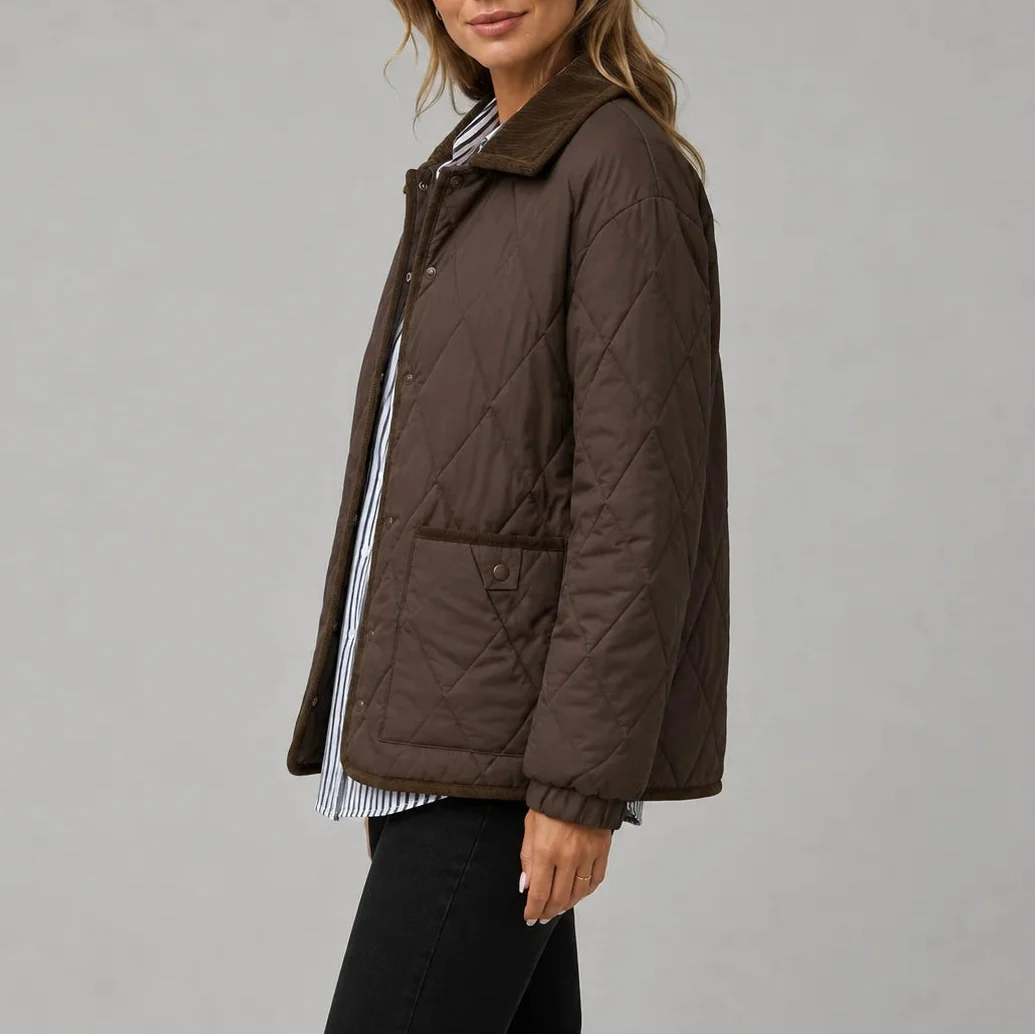 Women's Diamond Quilted Jacket with Corduroy Collar and Pockets