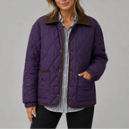 Women's Diamond Quilted Jacket with Corduroy Collar and Pockets
