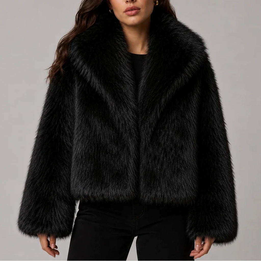 Women’s Cropped Faux Fur Jacket with Oversized Collar