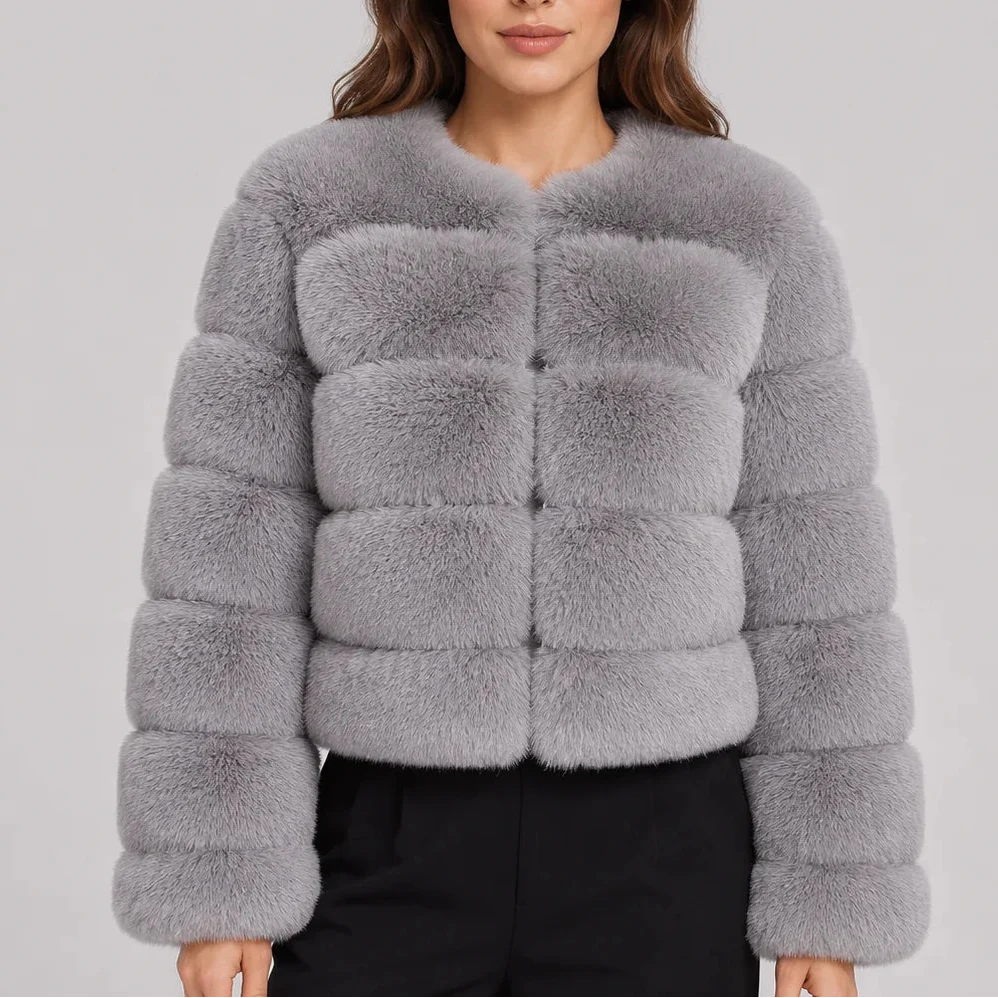 Women's Cropped Fur Look Jacket with Round Neck & Long Sleeves