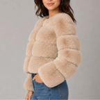 Women's Cropped Fur Look Jacket with Round Neck & Long Sleeves