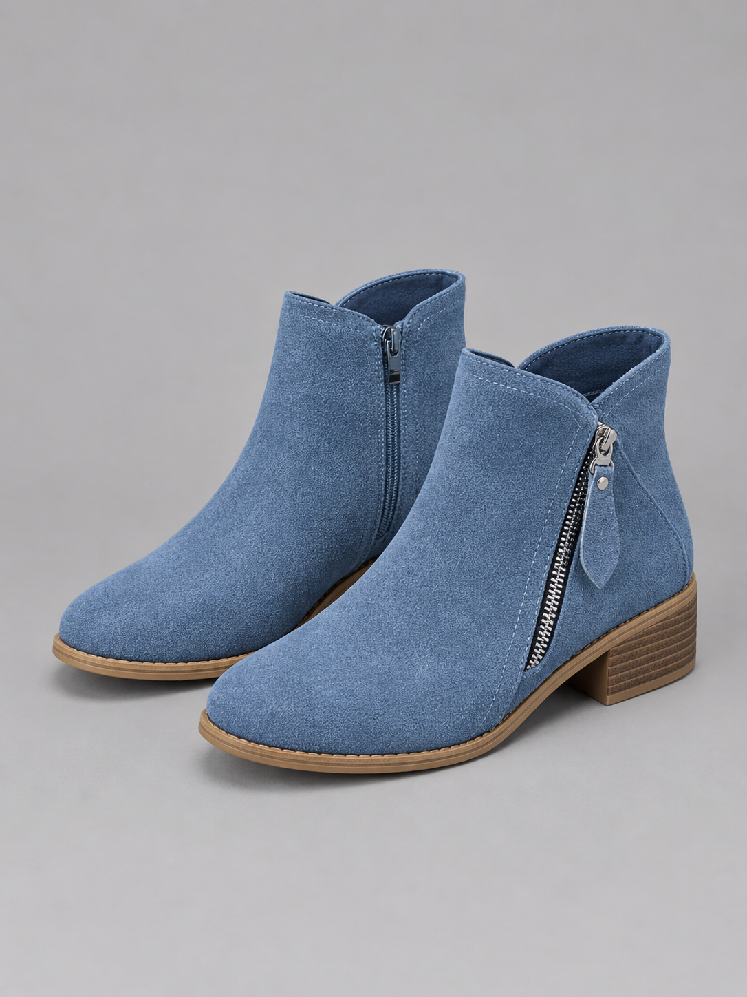 Women’s Suede Look Ankle Boots – Side Zip Low Block Heel Boots