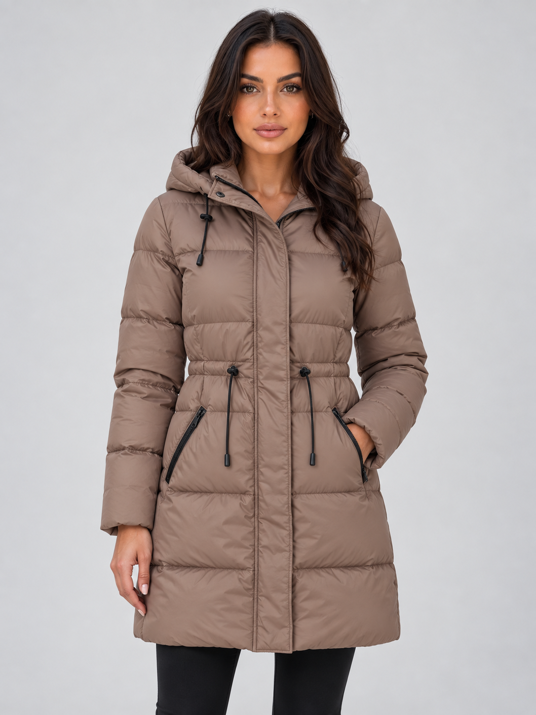 Women’s Longline Hooded Puffer Coat – Drawstring Waist Padded Winter Jacket