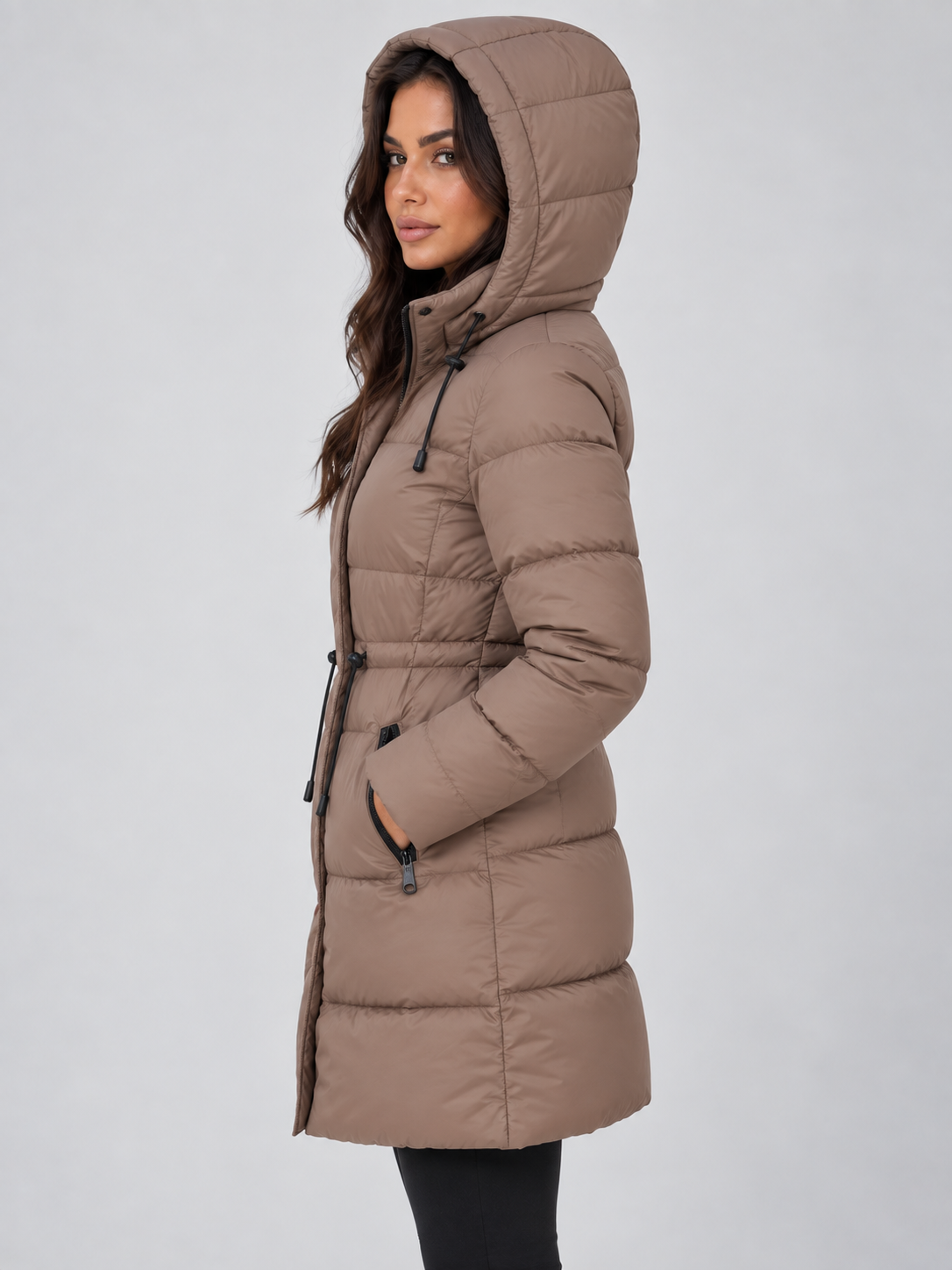 Women’s Longline Hooded Puffer Coat – Drawstring Waist Padded Winter Jacket