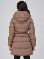 Women’s Longline Hooded Puffer Coat – Drawstring Waist Padded Winter Jacket