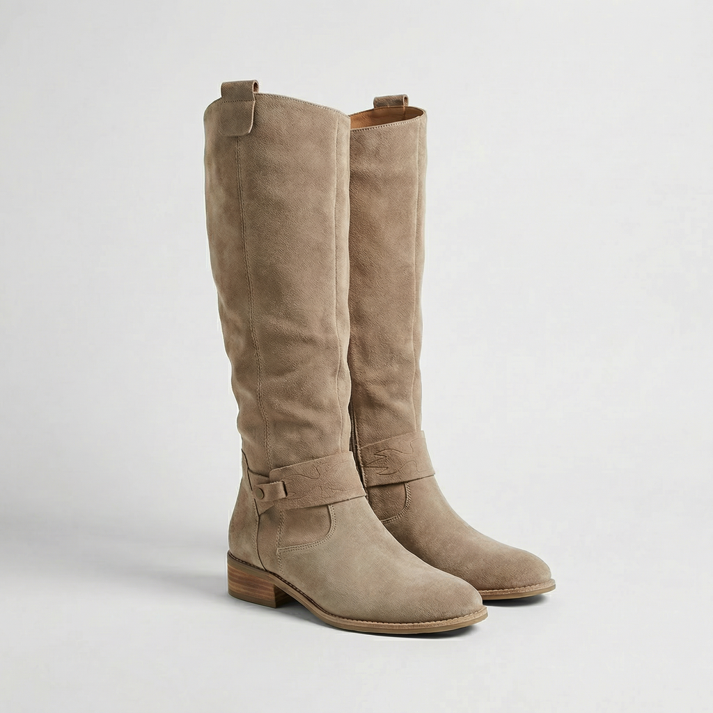 Women’s Knee High Suede Look Boots – Slouch Low Heel Boots