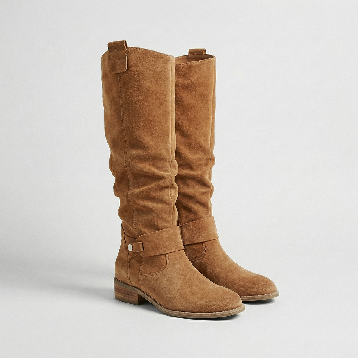 Women’s Knee High Suede Look Boots – Slouch Low Heel Boots