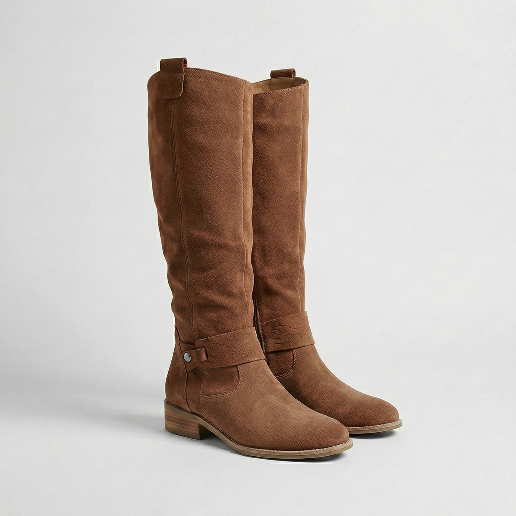 Women’s Knee High Suede Look Boots – Slouch Low Heel Boots