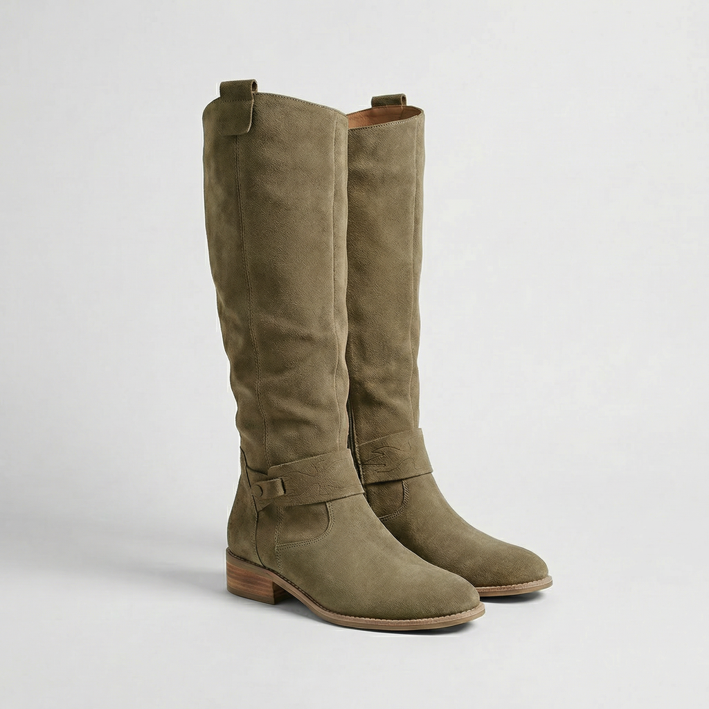 Women’s Knee High Suede Look Boots – Slouch Low Heel Boots