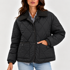Women’s Quilted Puffer Jacket with Corduroy Collar – Long Sleeve Coat