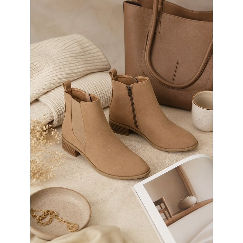 Women's Pointed Toe Chelsea Ankle Boots Low Block Heel