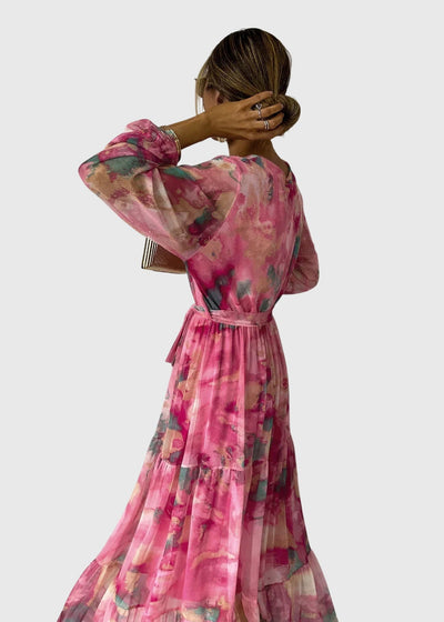 Amber - Floral Print Wrap Maxi Dress with Long Sleeves