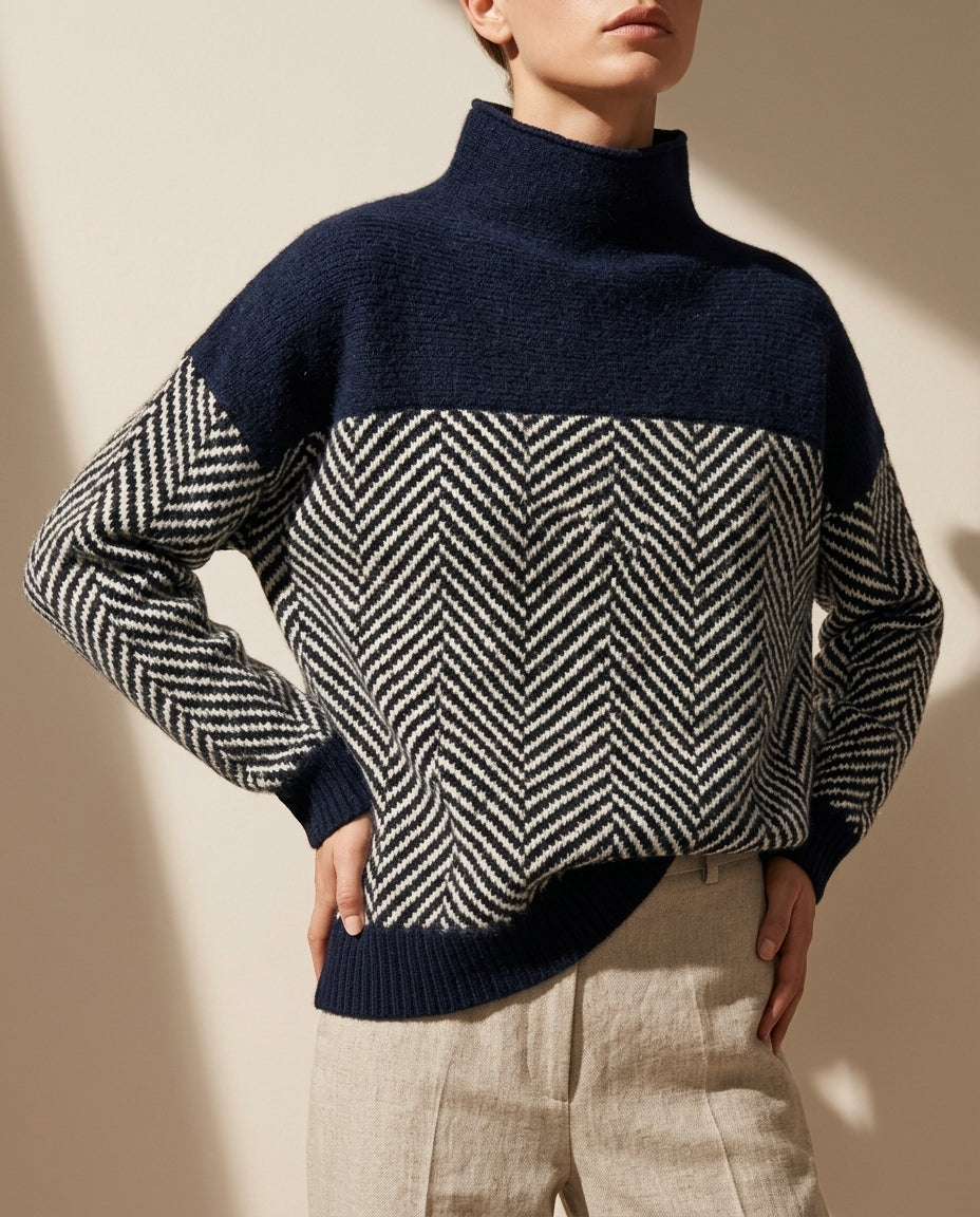 Women's Two-Tone Herringbone Mock Neck Wool Sweater