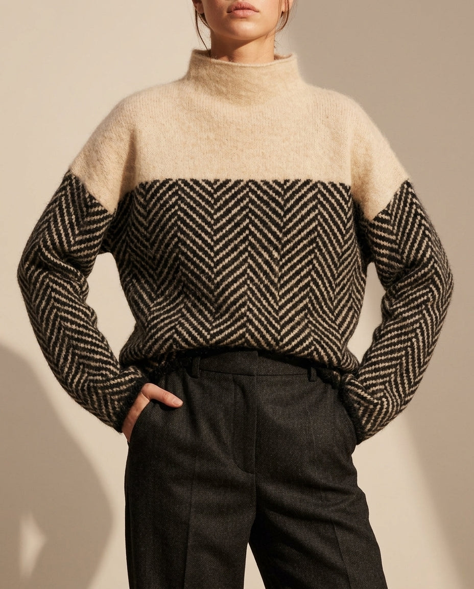 Women's Two-Tone Herringbone Mock Neck Wool Sweater