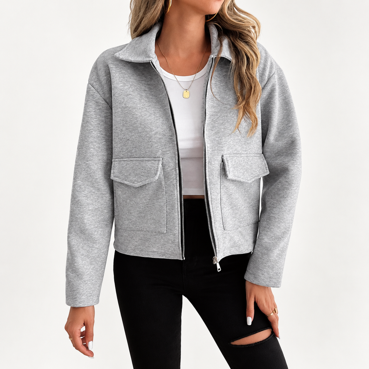 Women’s Grey Zip-Up Utility Overshirt - Long Sleeve with Flap Pockets