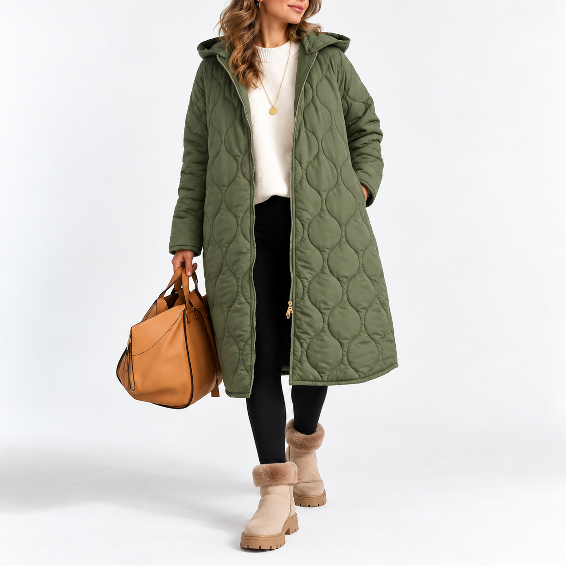 Women's Long Quilted Hooded Winter Coat with Pockets