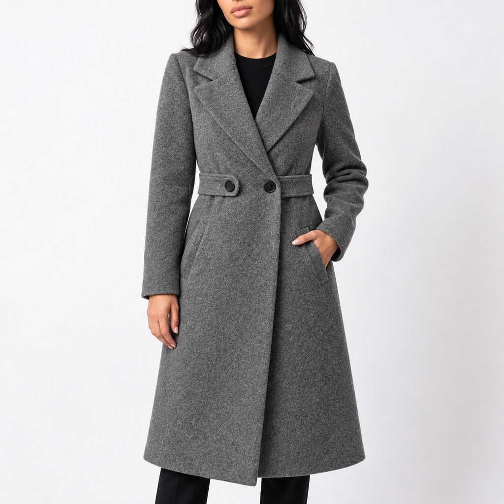 Women’s Long Belted Wool Winter Coat with Wide Lapels and Side Pockets