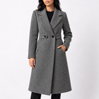 Women’s Long Belted Wool Winter Coat with Wide Lapels and Side Pockets