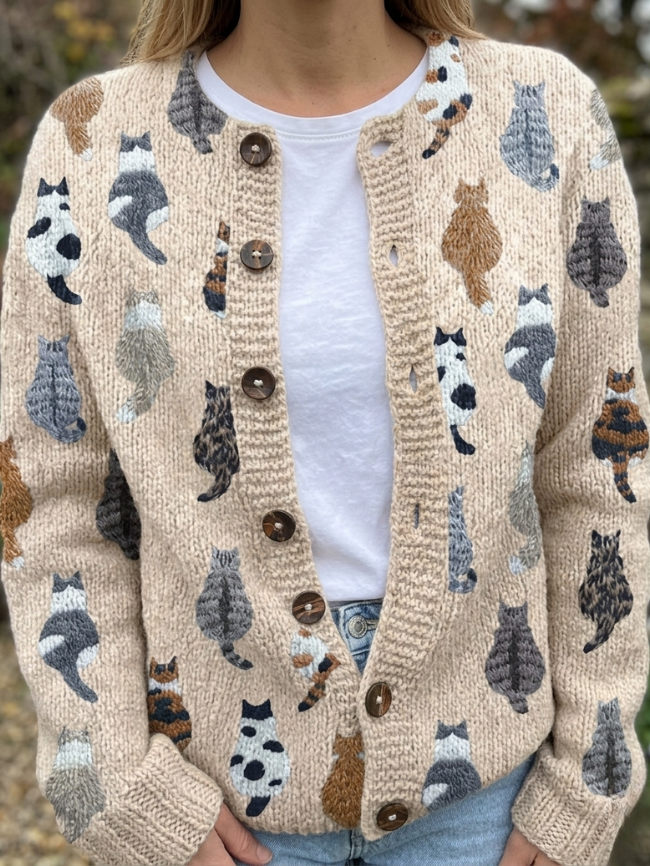 Soft Knit Cat Pattern Cardigan Relaxed Fit Women