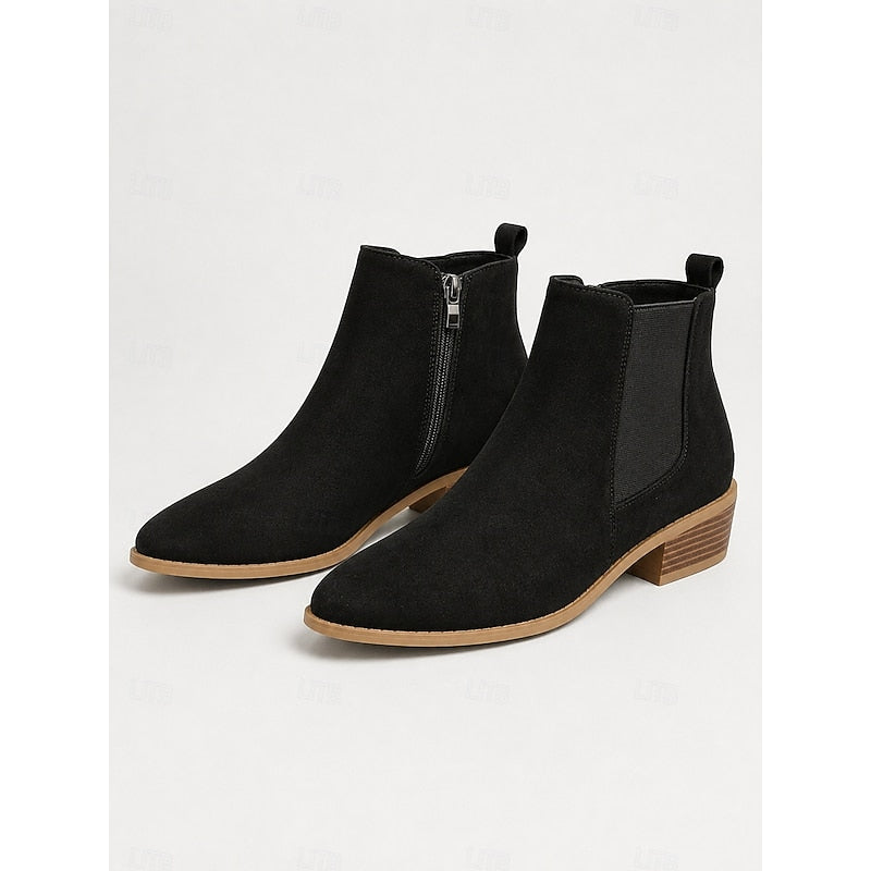 Women's Pointed Toe Chelsea Ankle Boots Low Block Heel