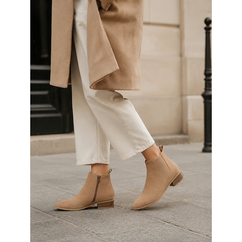 Women's Pointed Toe Chelsea Ankle Boots Low Block Heel