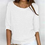 Women's Ribbed Knit Three-Quarter Sleeve Relaxed Fit Sweater